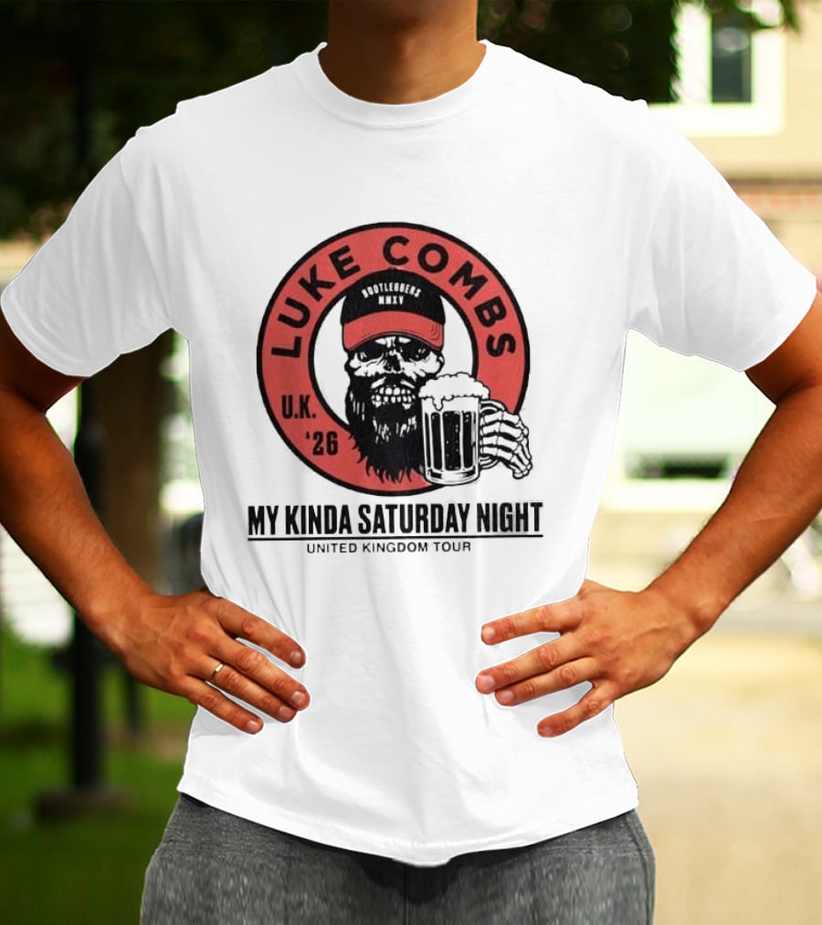 Luke Combs My Kinda Saturday Night UK Tour 2026 Pop Up Skeleton Holding Beer T-Shirt