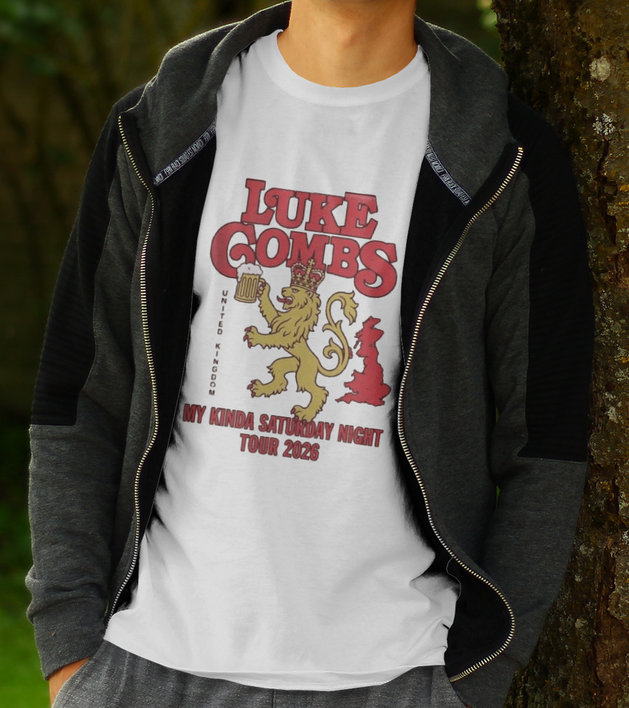 Luke Combs United Kingdom My Kinda Saturday Night Tour 2026 Lion Holding Beer T-Shirt