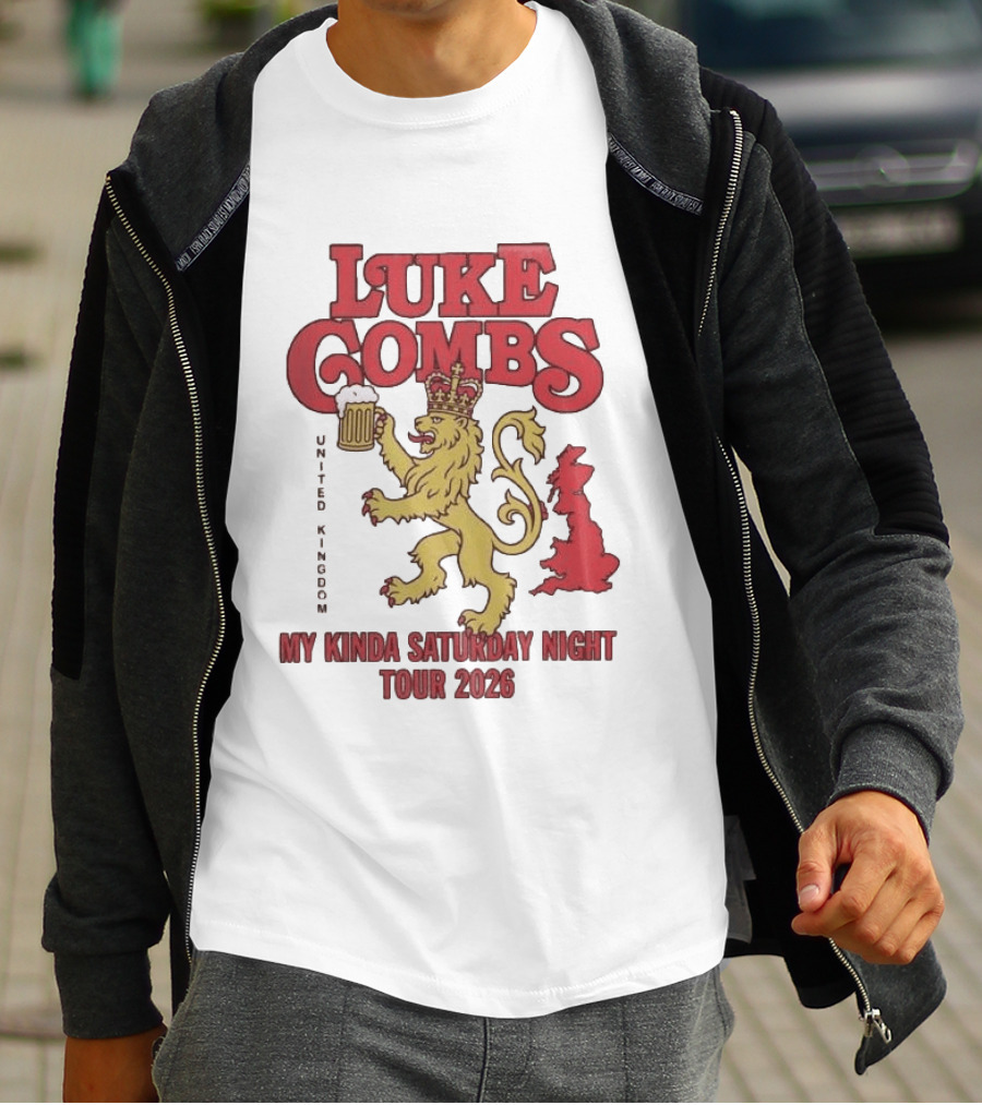 Luke Combs United Kingdom My Kinda Saturday Night Tour 2026 Lion Holding Beer T-Shirt