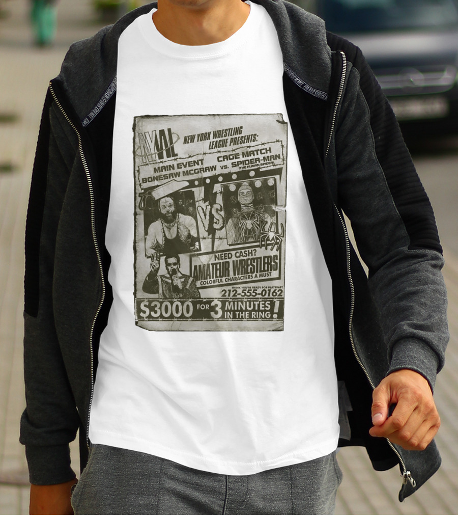 New York Wrestling League Main Event Bonesaw McGraw Vs Spider Man Cage Match Flyer T-Shirt