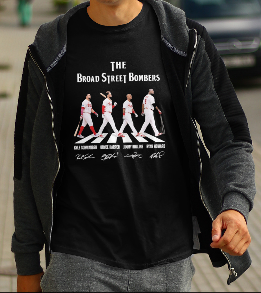 The Broad Street Bombers Kyle Schwarber Bryce Harper Jimmy Rollins Ryan Howard Philadelphia Phillies T-Shirt