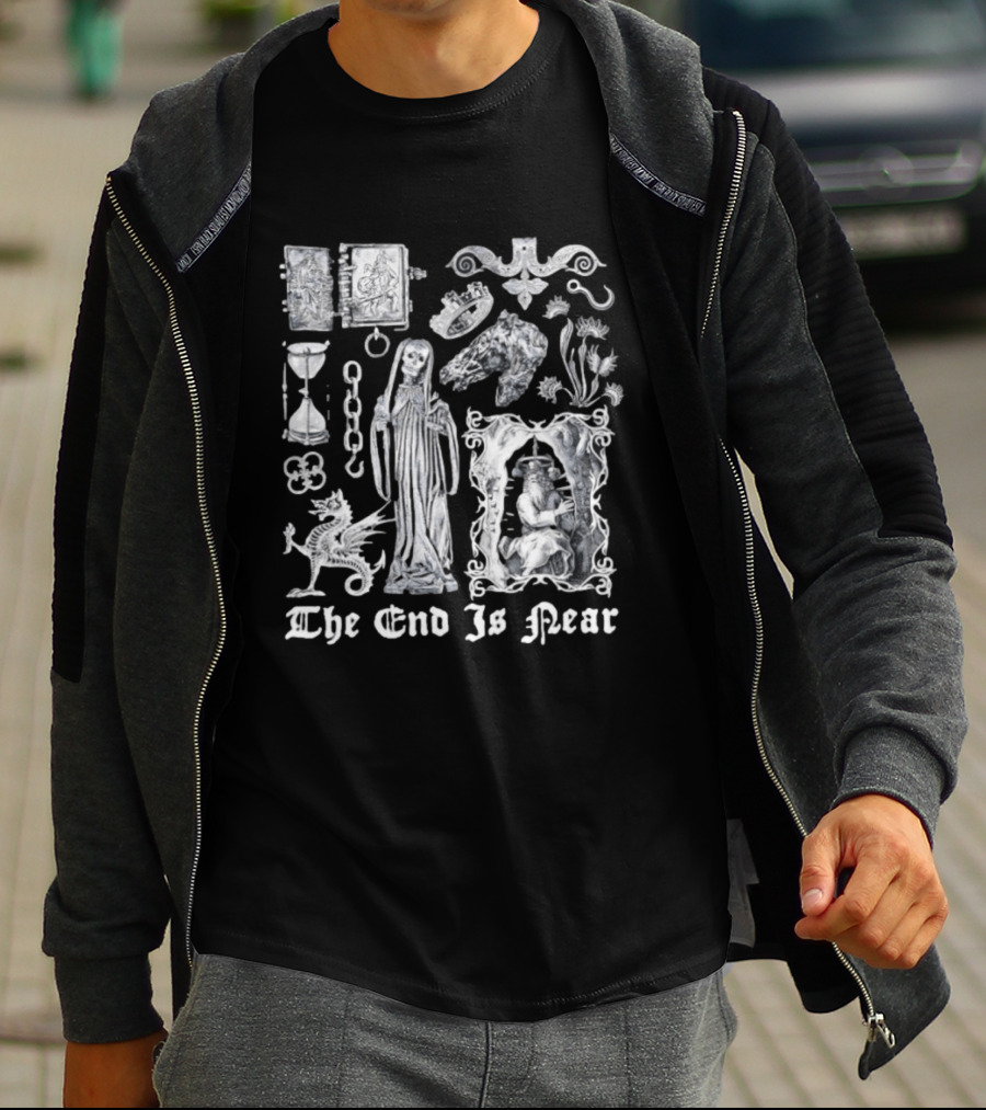 The End Is Near Gothic Occult Dark Medieval Symbols Skeleton Dragon Hourglass T-Shirt