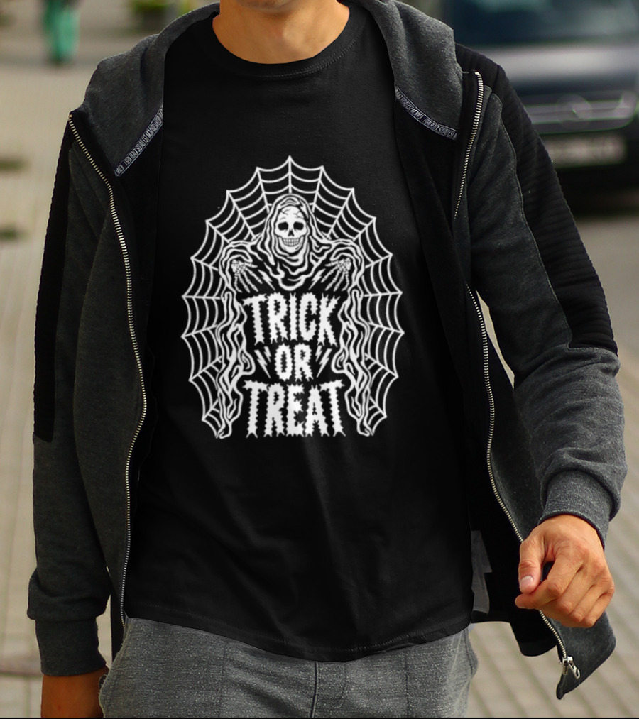 Trick Or Treat Skeleton Grim Reaper Spider Web Halloween T-Shirt