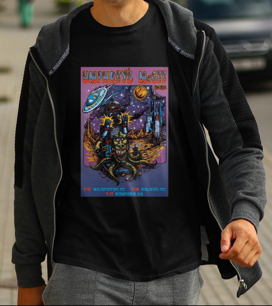 Umphrey's McGee 2026 Tour Dates With Sci Fi Art Featuring Space Monster And Robot In Roanoke VA T-Shirt