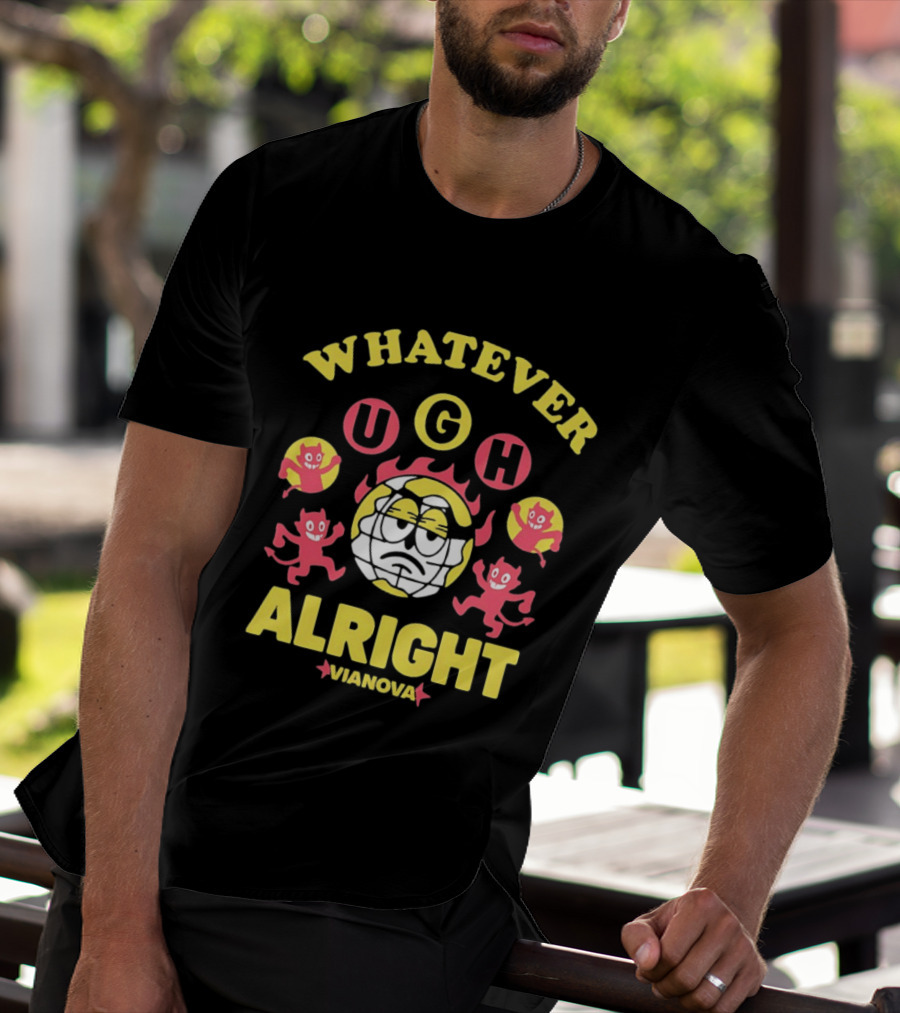 Vianova Whatever Ugh Alright Grumpy Globe Face Red Devils Cartoon T-Shirt