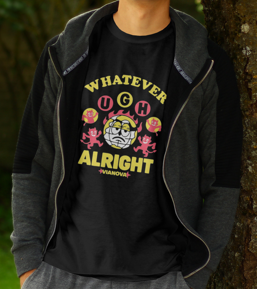 Vianova Whatever Ugh Alright Grumpy Globe Face Red Devils Cartoon T-Shirt