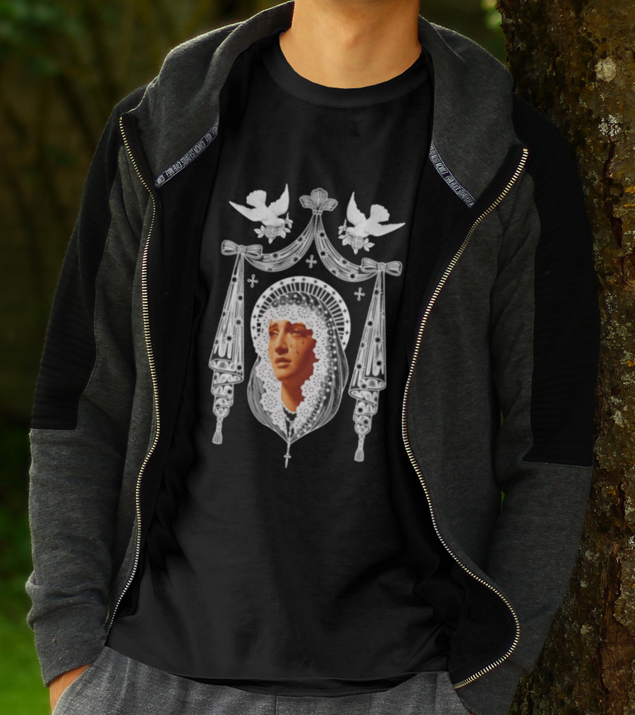 Weeping Virgin Mary Gothic Icon With Doves And Ornate Silver Details T-Shirt