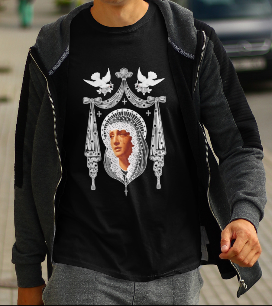 Weeping Virgin Mary Gothic Icon With Doves And Ornate Silver Details T-Shirt
