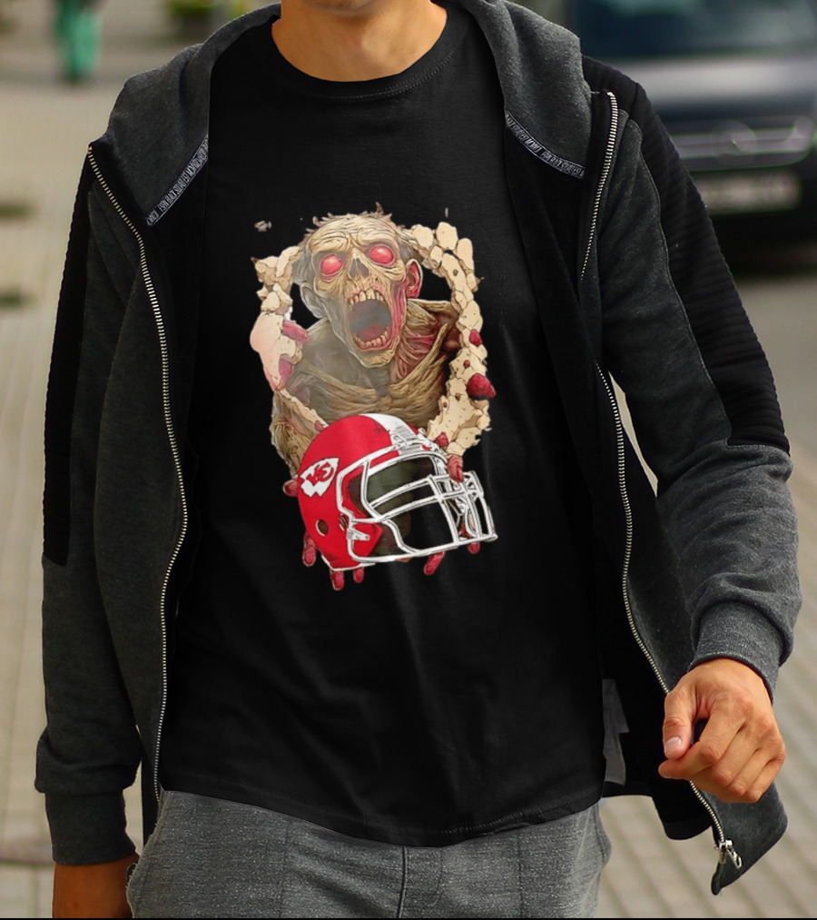 Zombie Kansas City Chiefs Helmet Halloween Scary Football Fan Spirit T-Shirt