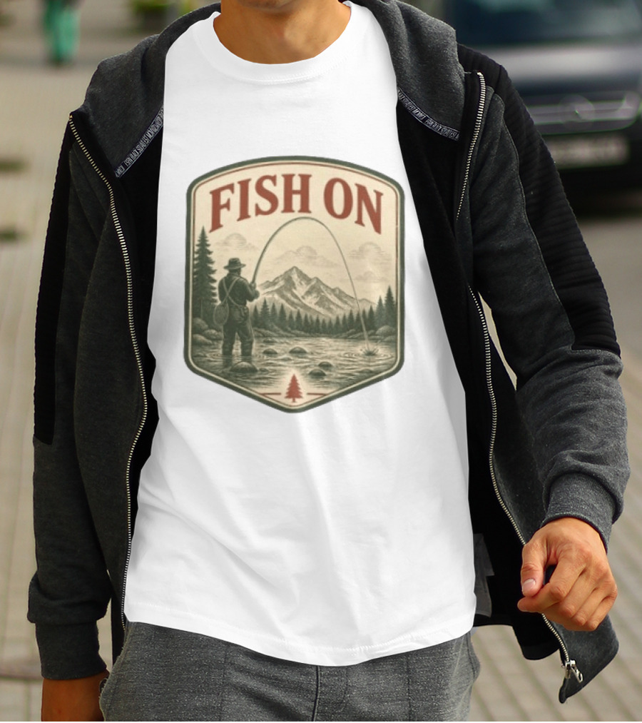 Fish On Fly Fishing Fisherman Mountain Landscape Adventure T-Shirt