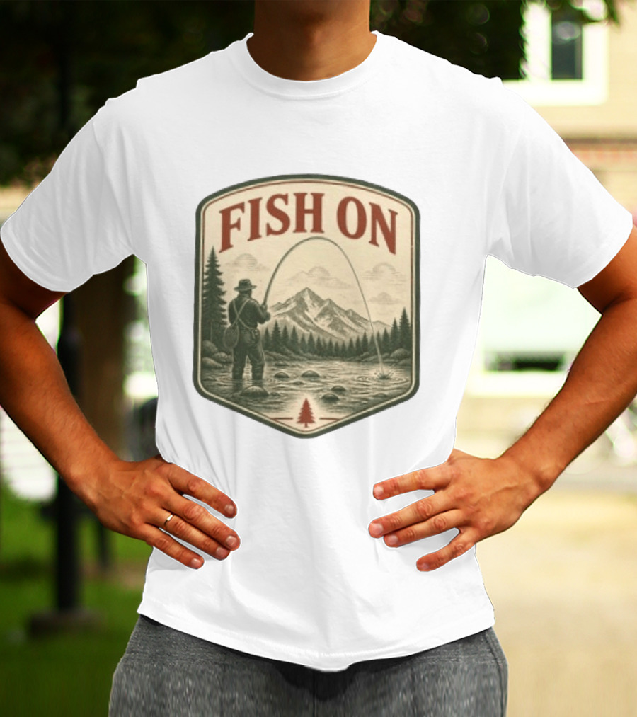 Fish On Fly Fishing Fisherman Mountain Landscape Adventure T-Shirt