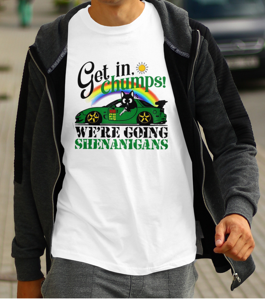 Get In Chumps Shenanigans Cat Driving Car Cartoon Rainbow Sun T-Shirt