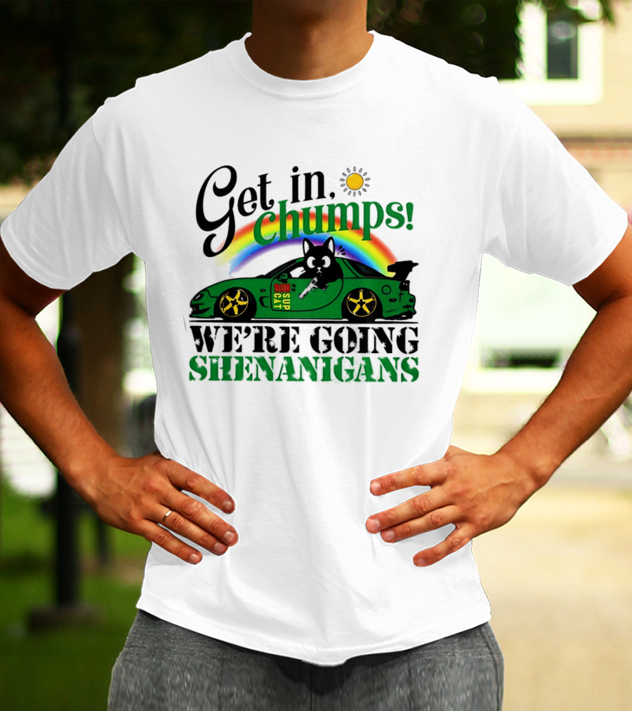 Get In Chumps Shenanigans Cat Driving Car Cartoon Rainbow Sun T-Shirt