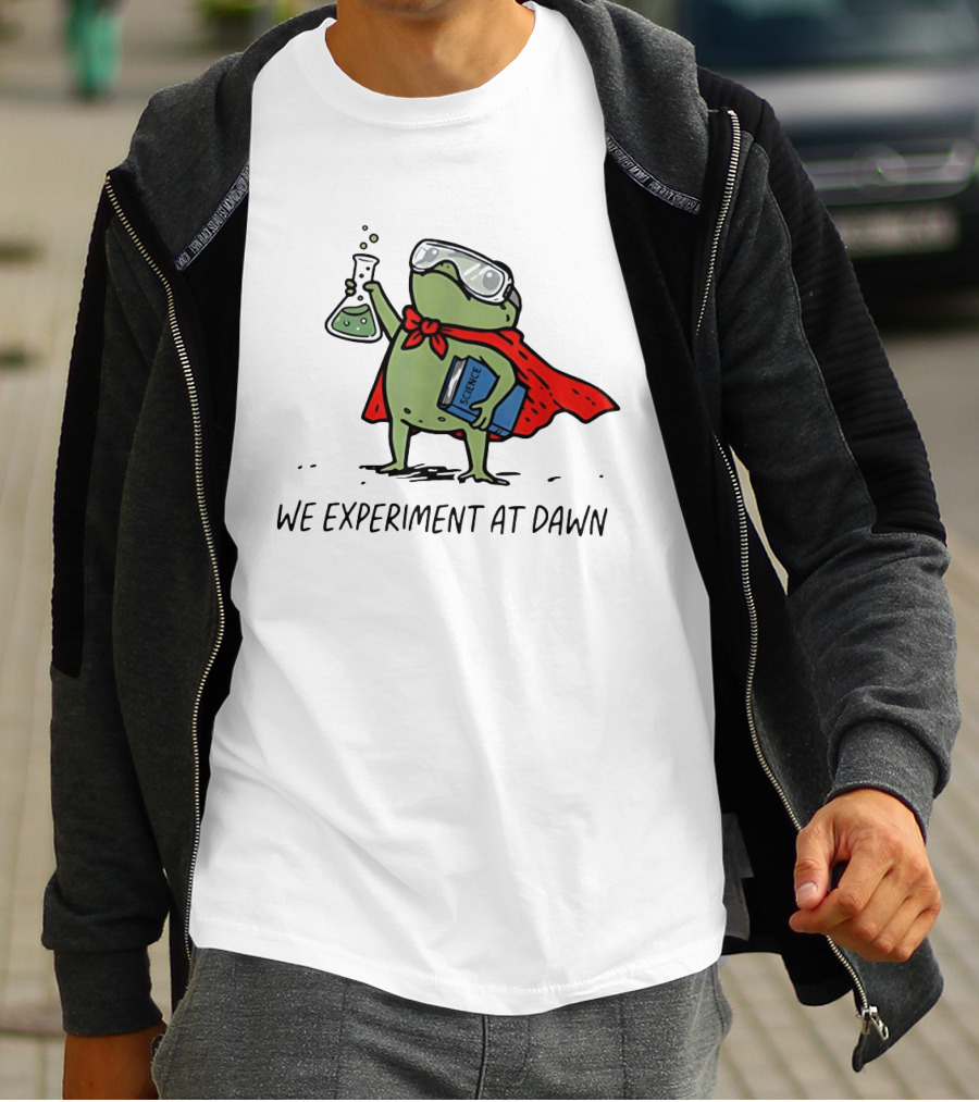 Heroic Science Frog We Experiment At Dawn With Lab Beaker And Book T-Shirt