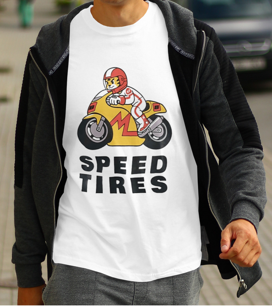 Speed Tires Tiger Motorcycle Racing Biker Rider On Yellow Bike T-Shirt