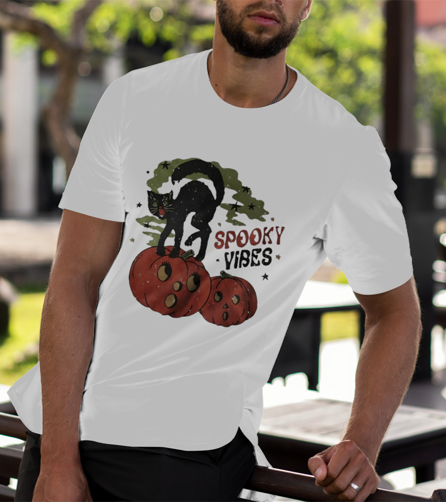 Spooky Vibes Black Cat Pumpkins Halloween Cartoon Stars T-Shirt