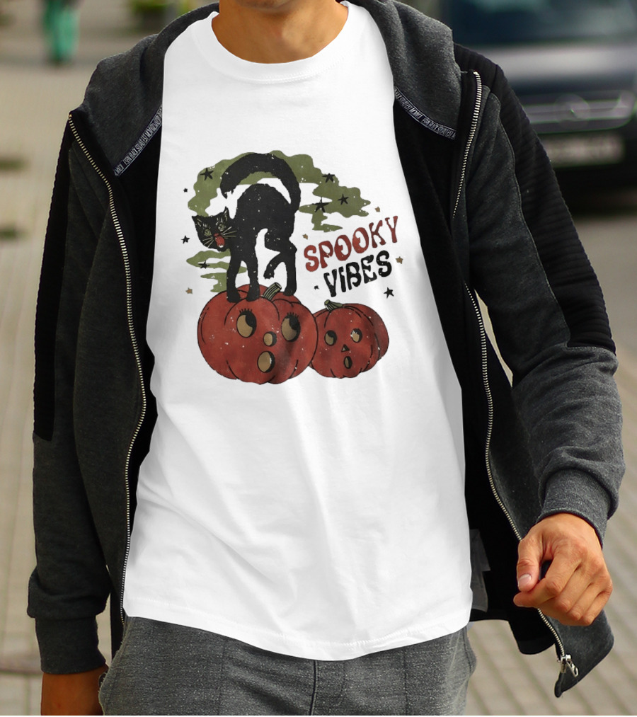 Spooky Vibes Black Cat Pumpkins Halloween Cartoon Stars T-Shirt