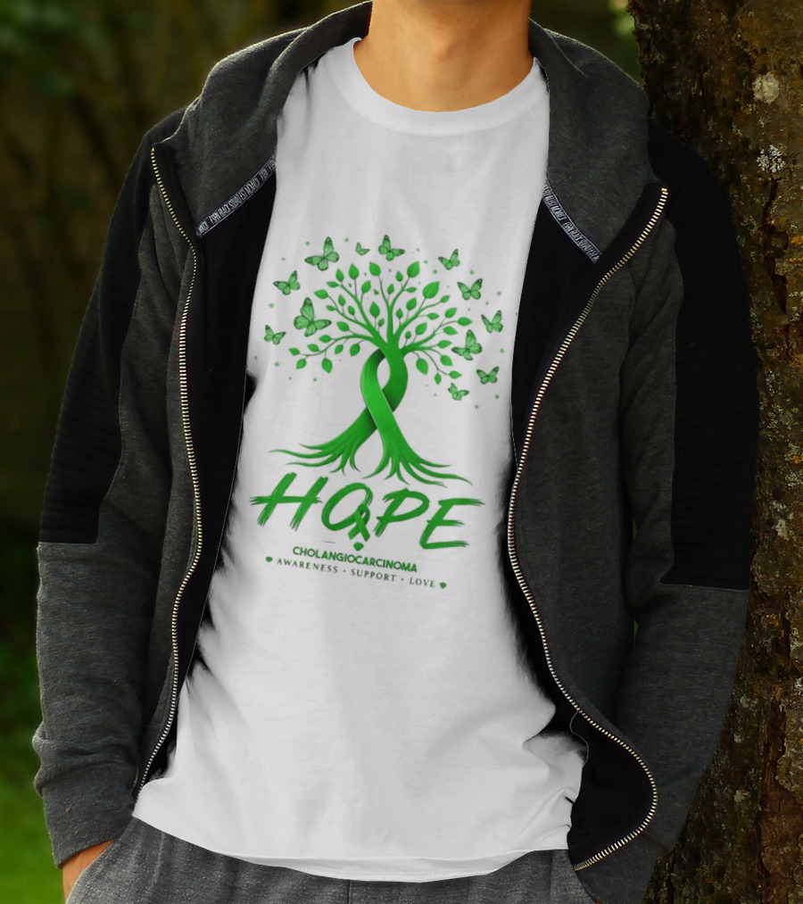 Hope Tree With Butterflies Cholangiocarcinoma Awareness Support Love Ribbon T-Shirt