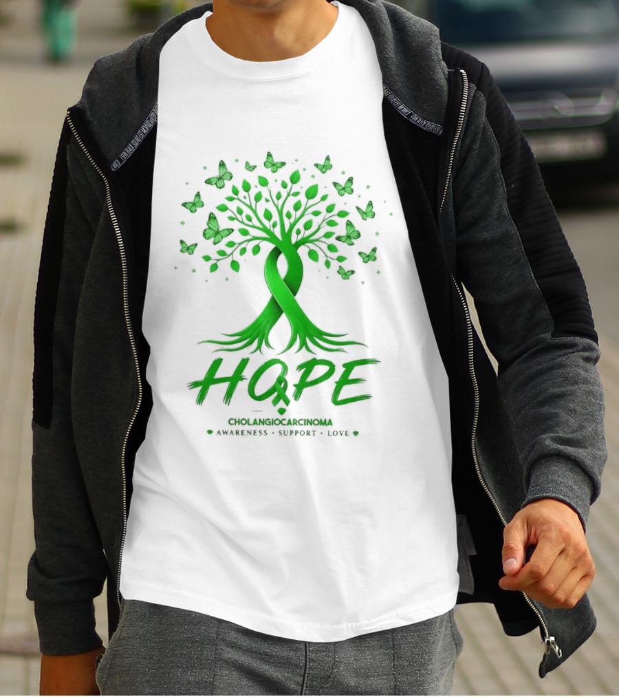Hope Tree With Butterflies Cholangiocarcinoma Awareness Support Love Ribbon T-Shirt