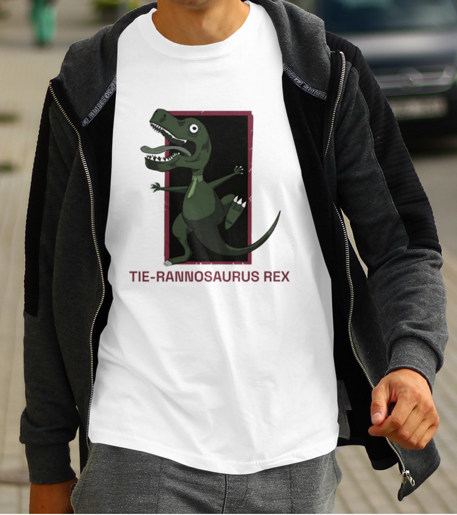 TIE RANNOSAURUS REX Dinosaur Humor Pun With Green Tie T-Shirt