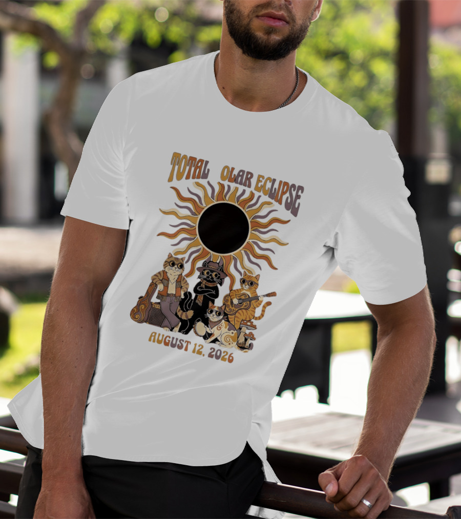 Total Solar Eclipse August 12 2026 Cats Band With Instruments And Sunglasses T-Shirt