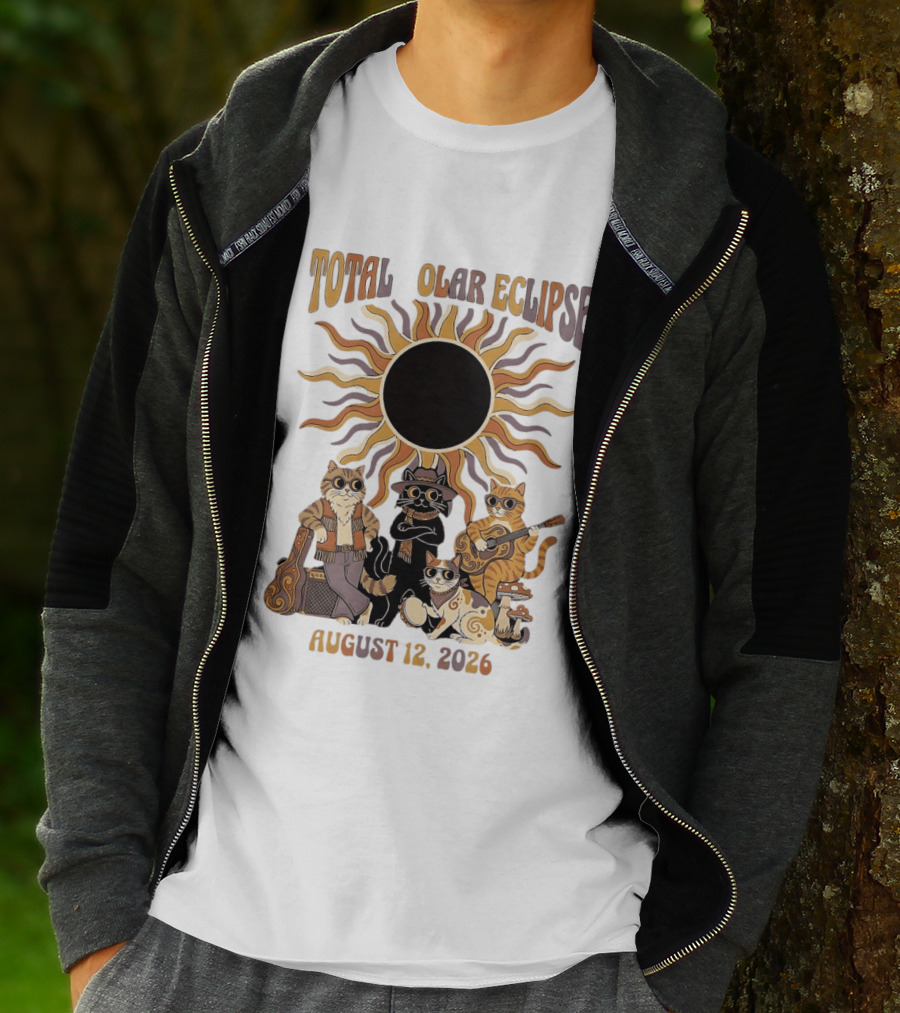 Total Solar Eclipse August 12 2026 Cats Band With Instruments And Sunglasses T-Shirt