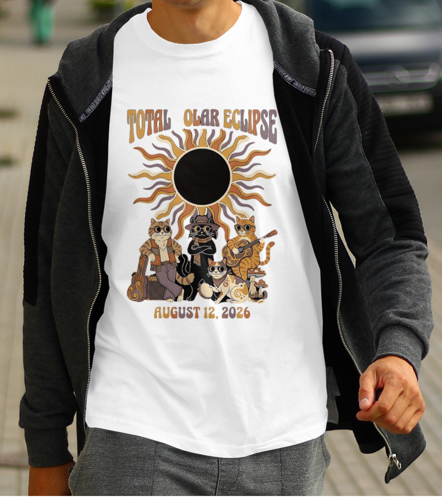 Total Solar Eclipse August 12 2026 Cats Band With Instruments And Sunglasses T-Shirt