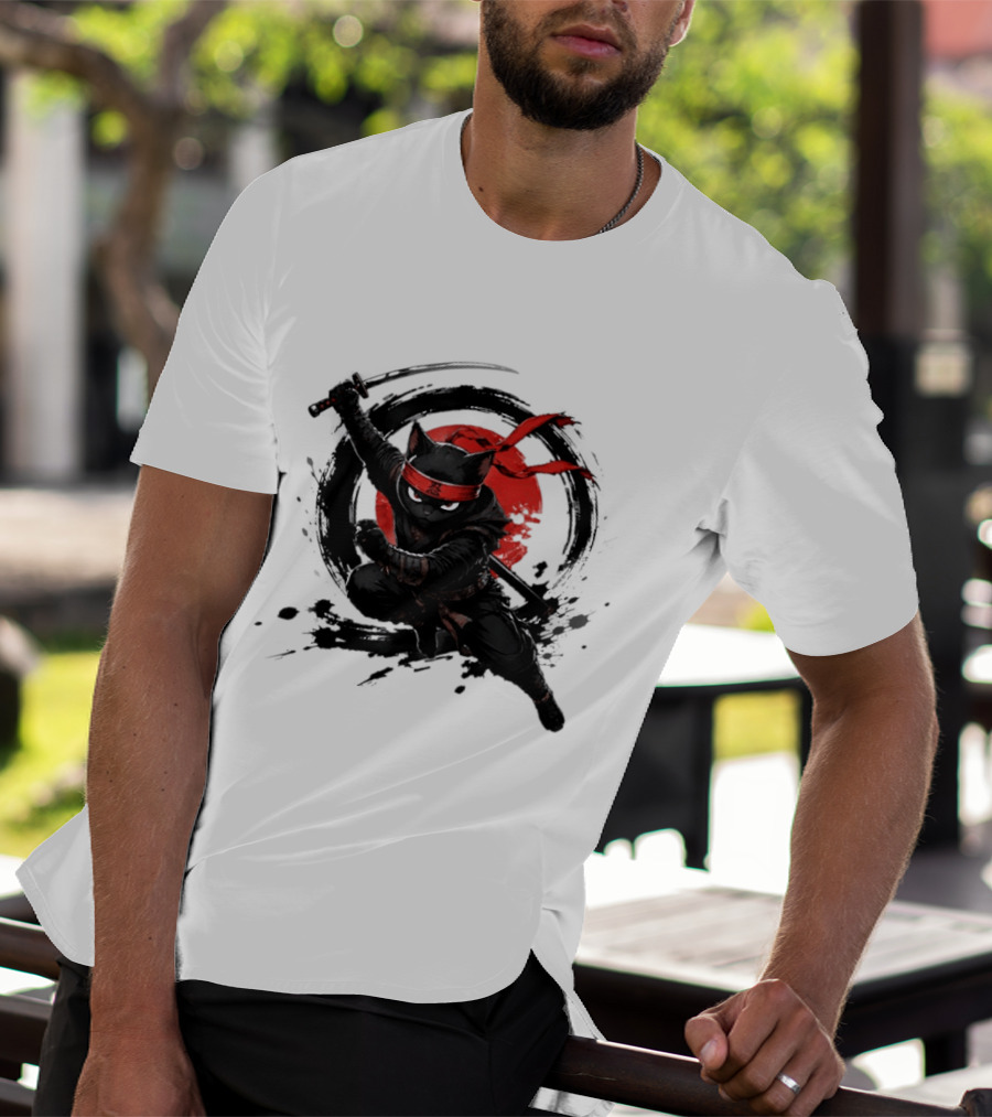 Ninja Cat Katana Warrior Red Rising Sun T-Shirt