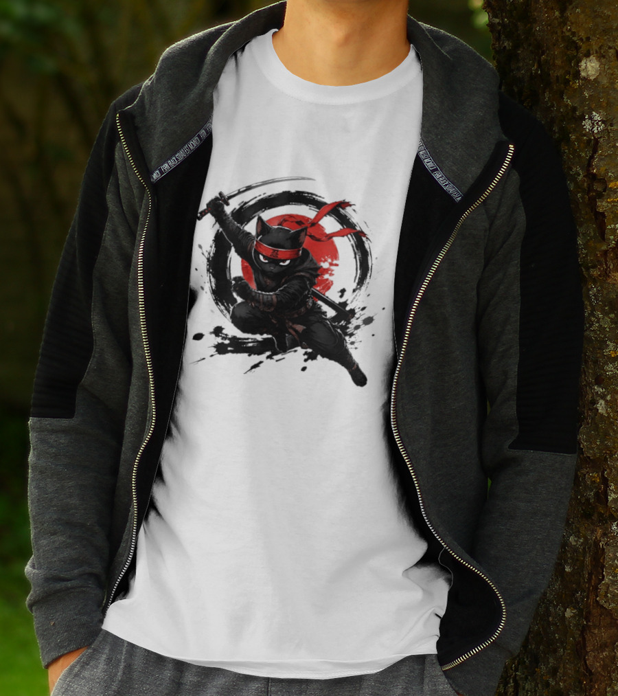 Ninja Cat Katana Warrior Red Rising Sun T-Shirt