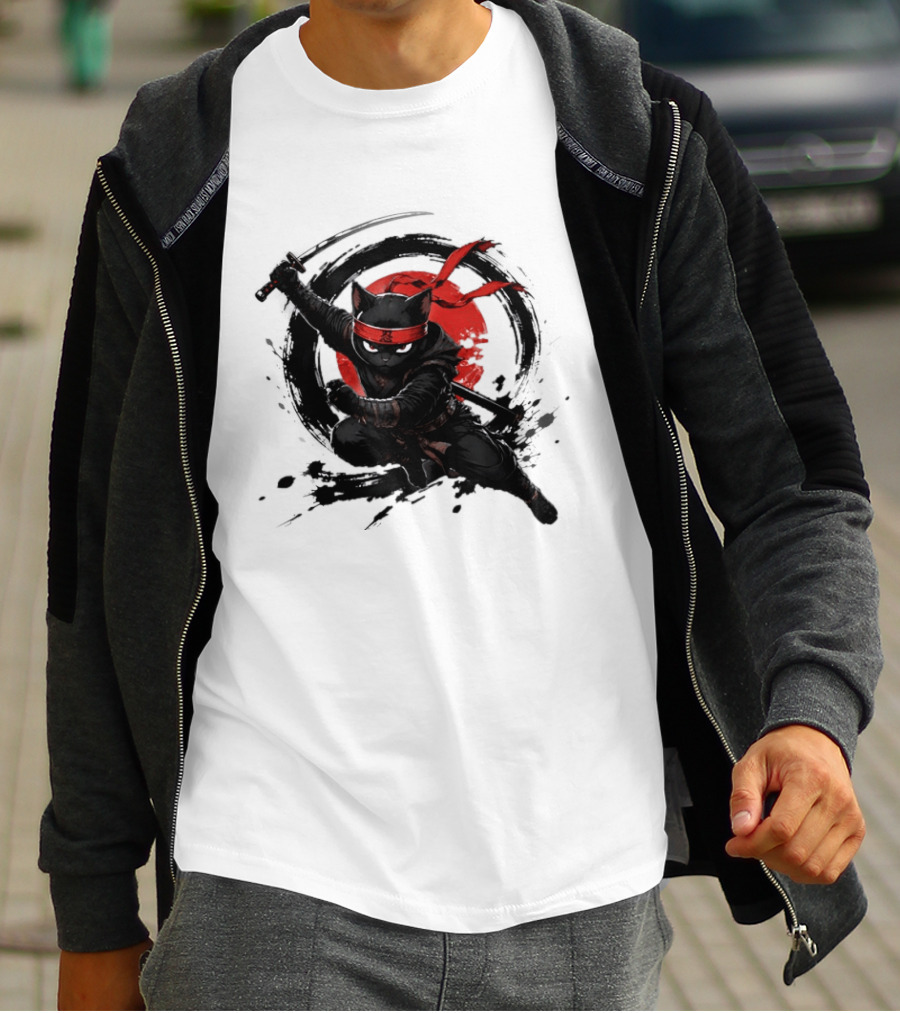 Ninja Cat Katana Warrior Red Rising Sun T-Shirt