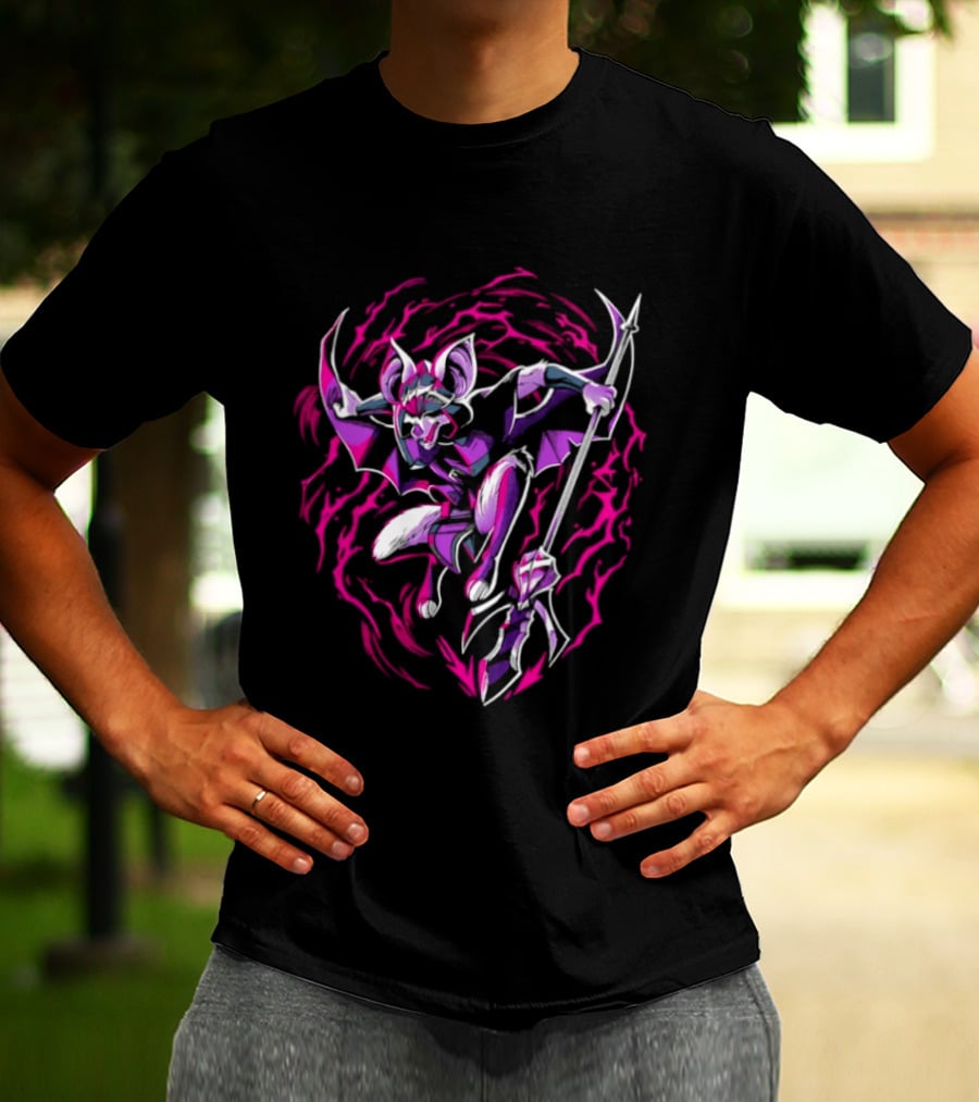 Thorne Bat Warrior With Spear Fantasy Purple Pink Swirl T-Shirt