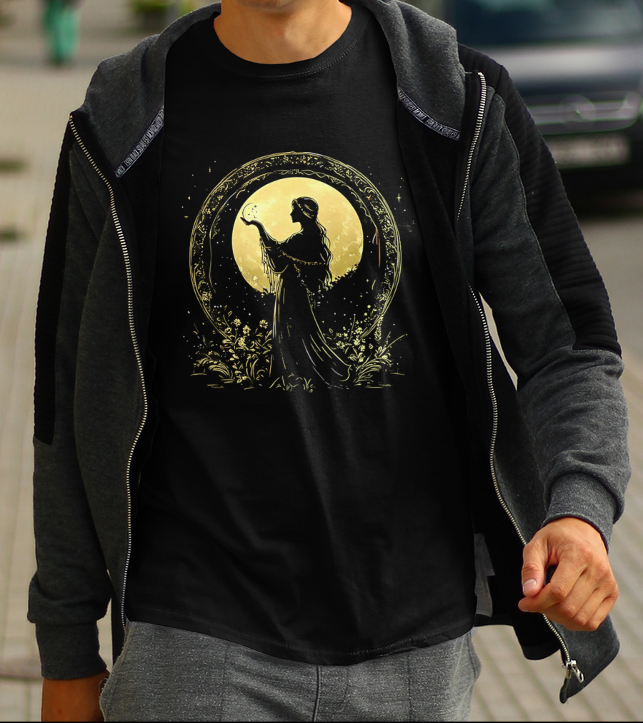 Woman Holding Moon Crescent Celestial Golden Lunar T-Shirt