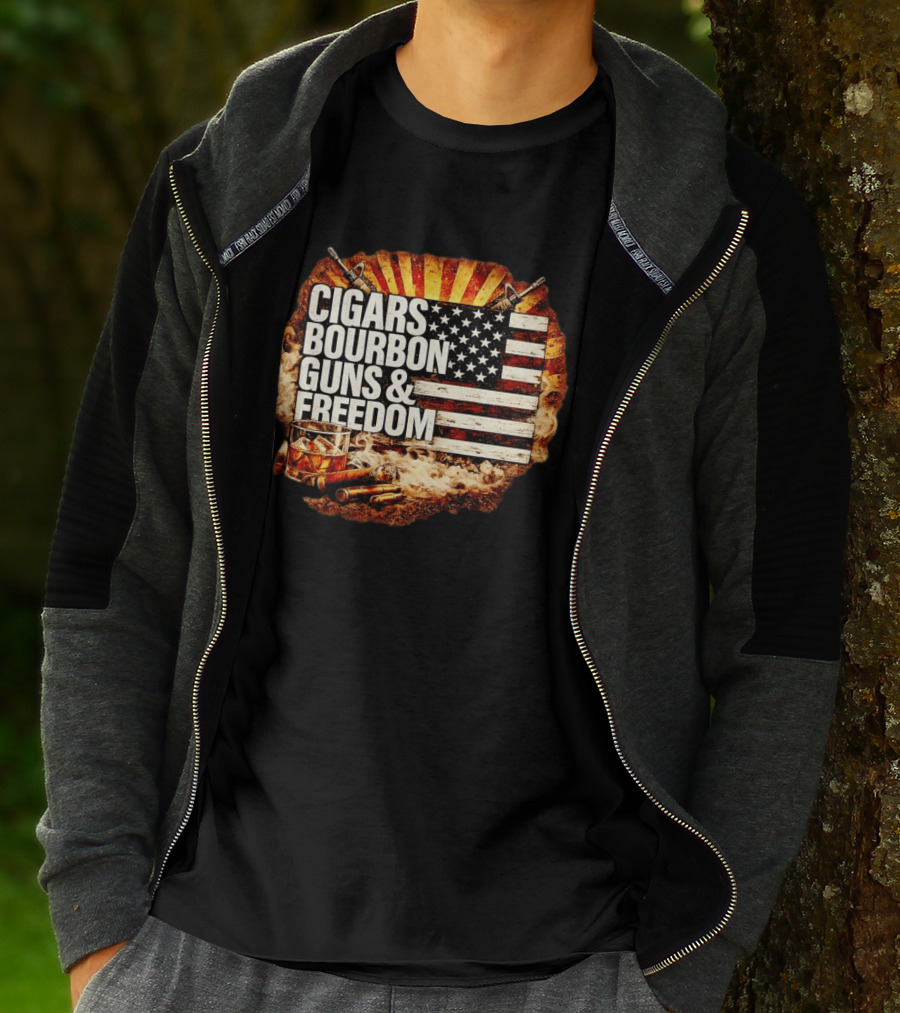 Cigars Bourbon Guns And Freedom American Flag Patriotic T-Shirt