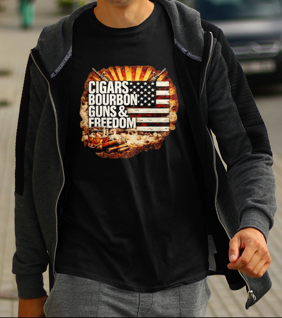 Cigars Bourbon Guns And Freedom American Flag Patriotic T-Shirt