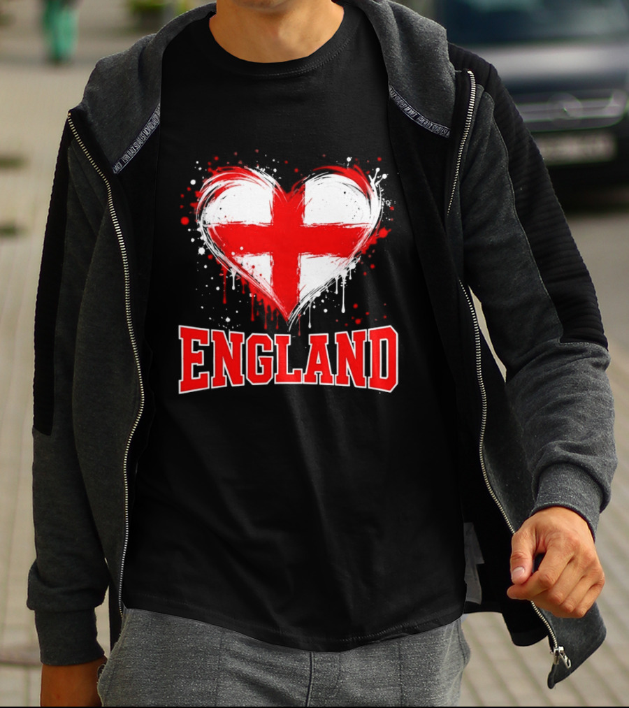 England Heart Flag Paint Splatter Red And White Cross T-Shirt