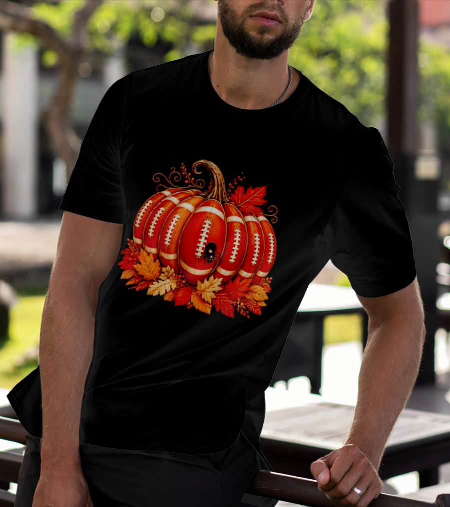 Football Pumpkin Spider Autumn Leaves Thanksgiving Decor T-Shirt