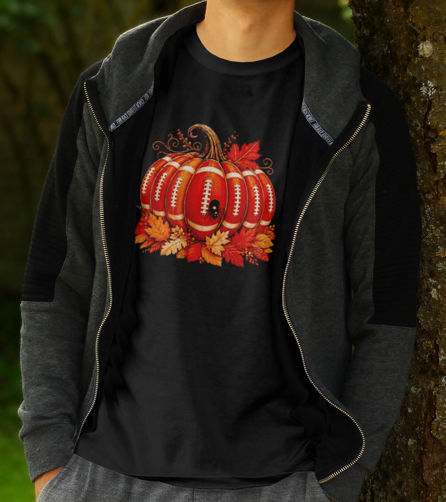 Football Pumpkin Spider Autumn Leaves Thanksgiving Decor T-Shirt