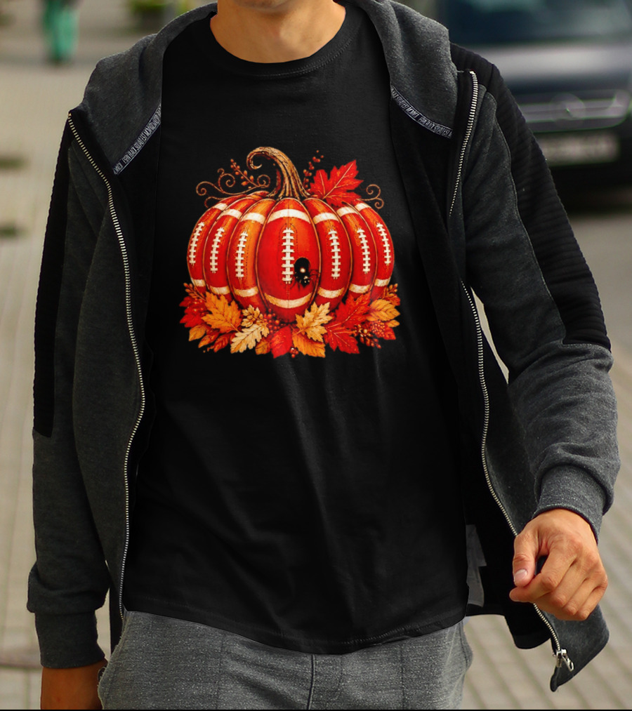 Football Pumpkin Spider Autumn Leaves Thanksgiving Decor T-Shirt