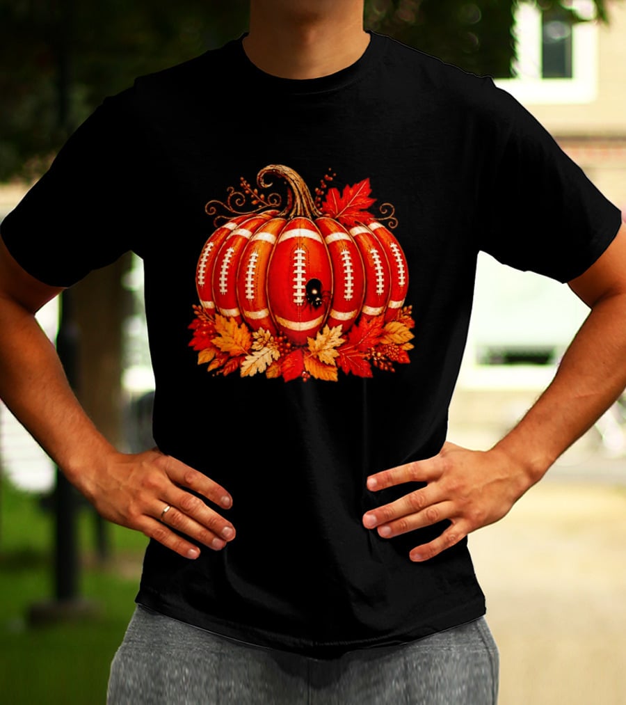 Football Pumpkin Spider Autumn Leaves Thanksgiving Decor T-Shirt