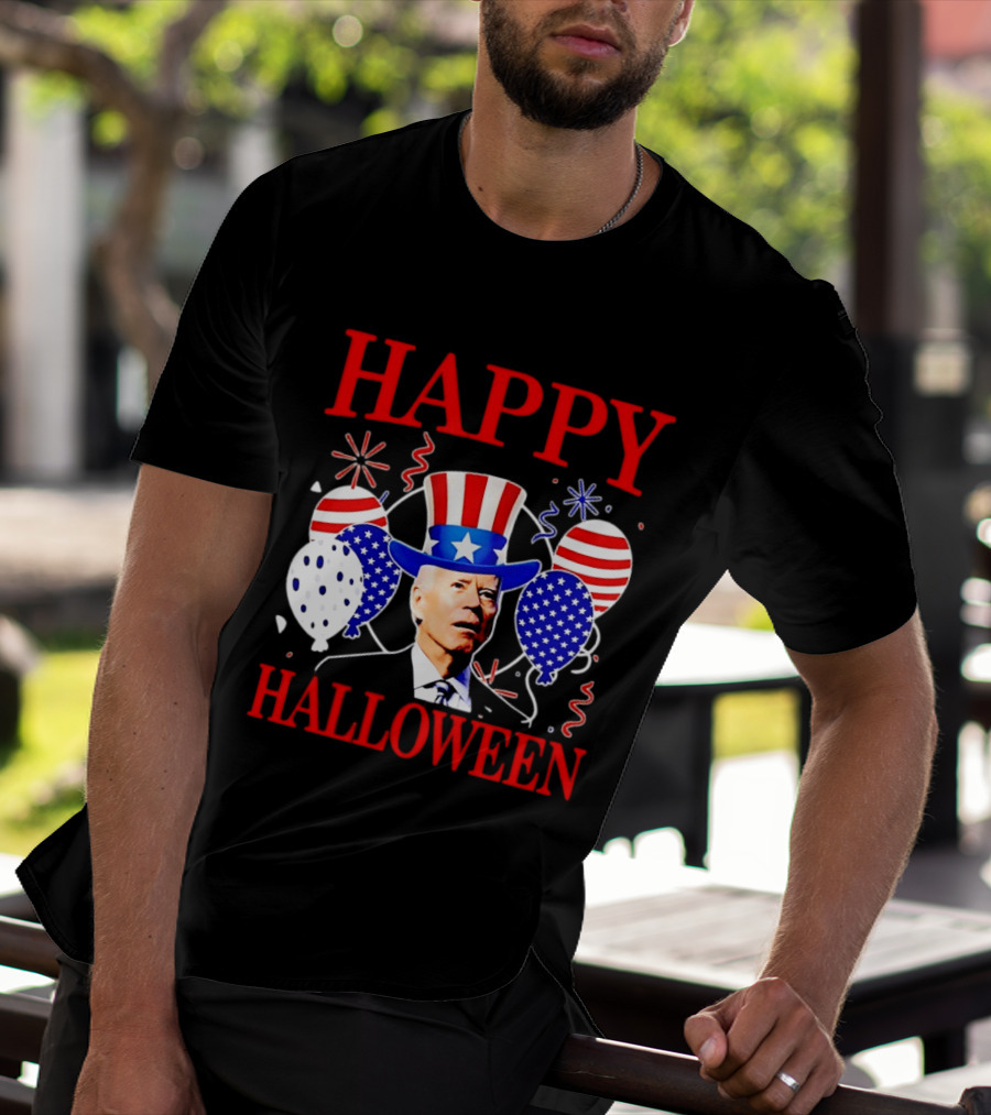 Happy Halloween Biden Uncle Sam Hat American Flag Balloons T-Shirt