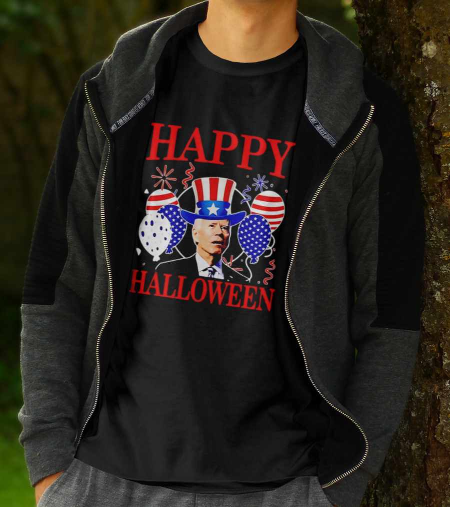 Happy Halloween Biden Uncle Sam Hat American Flag Balloons T-Shirt