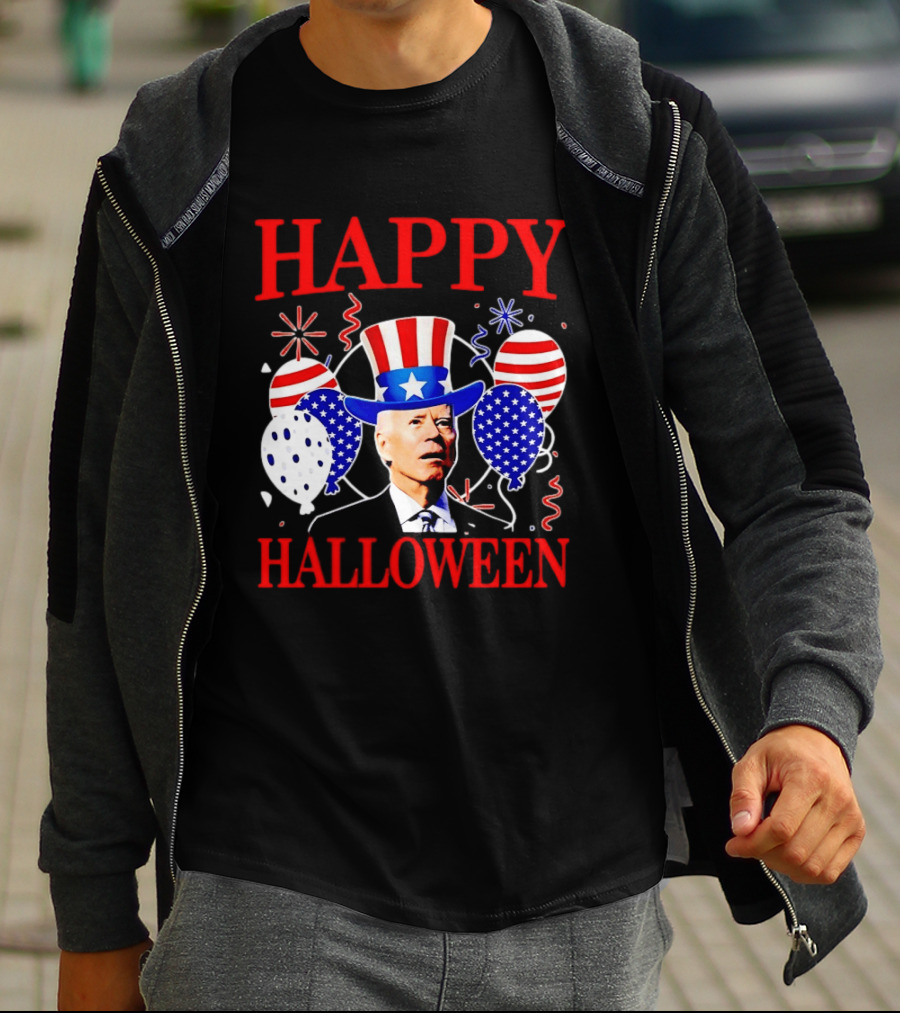 Happy Halloween Biden Uncle Sam Hat American Flag Balloons T-Shirt