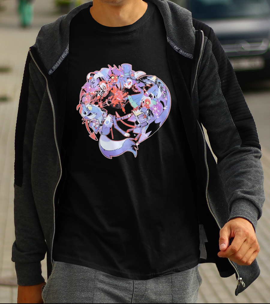 Helluva Boss Blitzø Moxxie Heart Character Collage T-Shirt