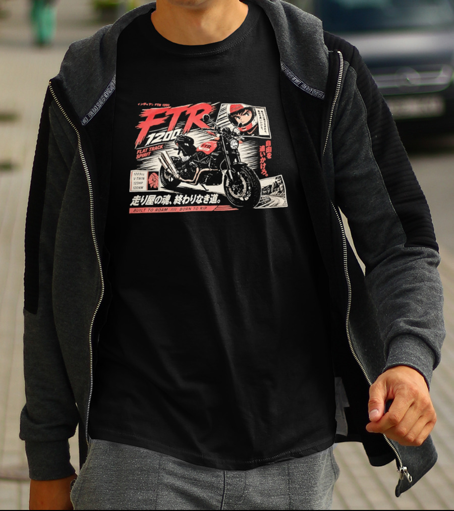 Indian FTR 1200 Flat Track Spirit Built To Roam Born To Rip 1203cc V Twin 123HP 120NM Japanese Manga T-Shirt