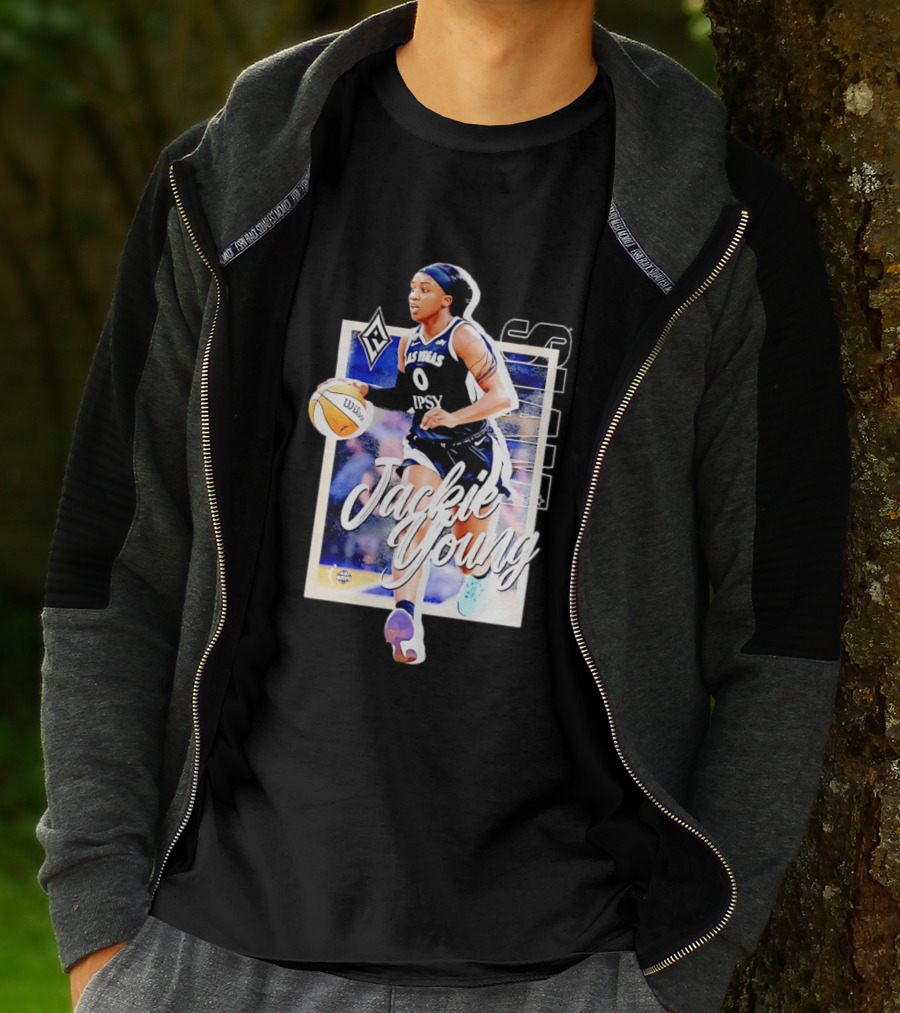 Jackie Young Las Vegas Aces Number 0 Dribbling Action With Wilson Basketball And Lids Headband T-Shirt