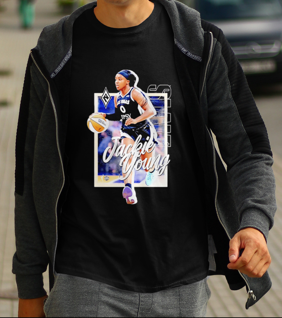 Jackie Young Las Vegas Aces Number 0 Dribbling Action With Wilson Basketball And Lids Headband T-Shirt