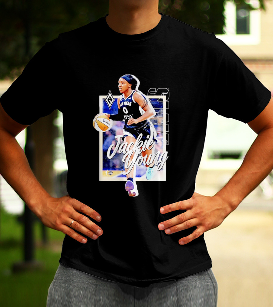 Jackie Young Las Vegas Aces Number 0 Dribbling Action With Wilson Basketball And Lids Headband T-Shirt