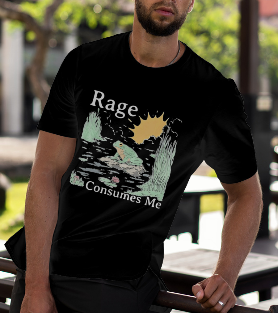 Rage Consumes Me Frog On Rock With Sunburst And Pond Scene T-Shirt