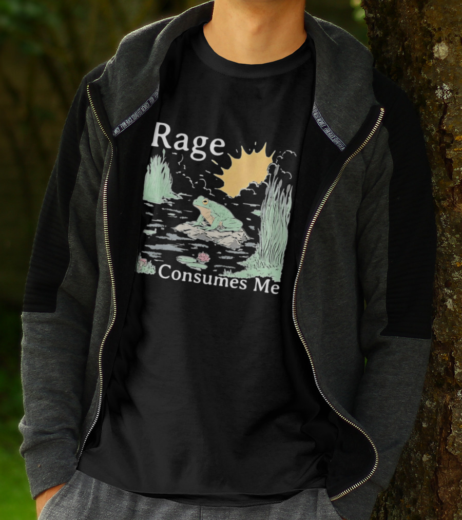 Rage Consumes Me Frog On Rock With Sunburst And Pond Scene T-Shirt