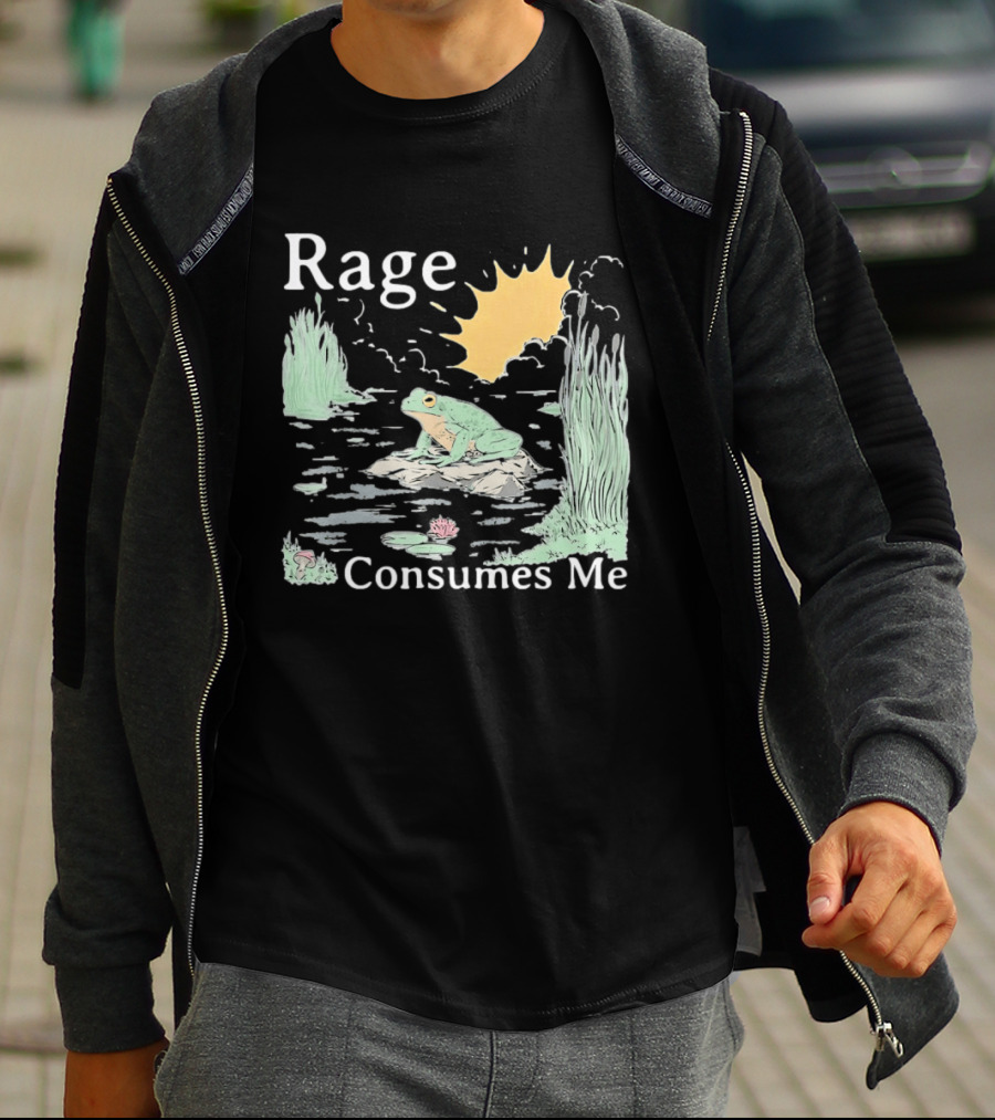 Rage Consumes Me Frog On Rock With Sunburst And Pond Scene T-Shirt